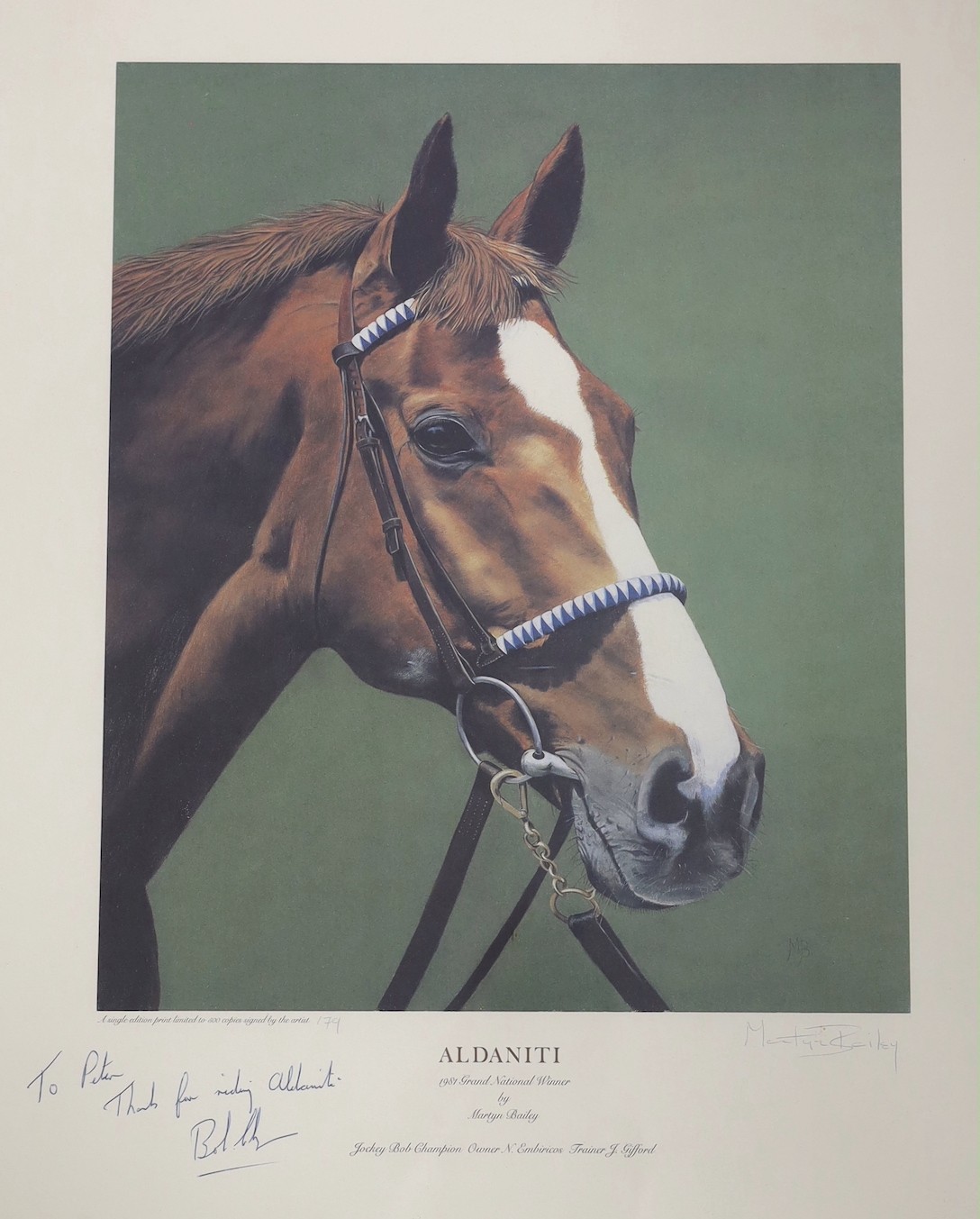 Framed photograph, Aldaniti, autographed by Bob Champion